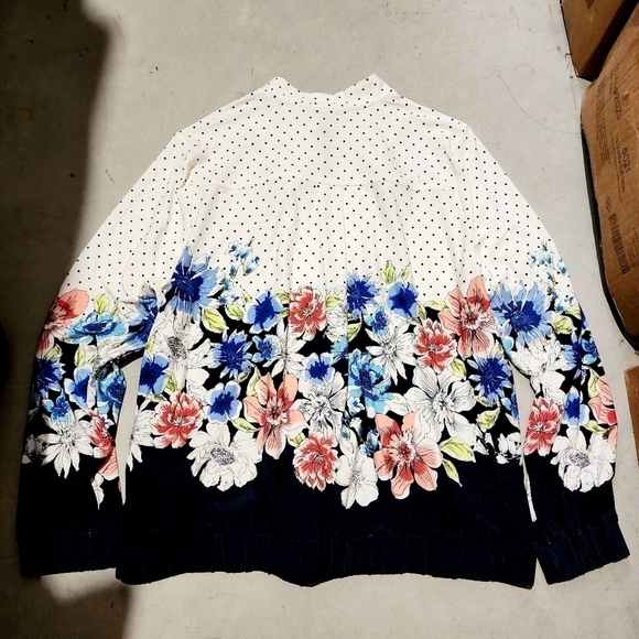Susan Graver White Navy Floral Swiss Dot Full Zip Jacket Women's Large L Pockets - Picture 2 of 11